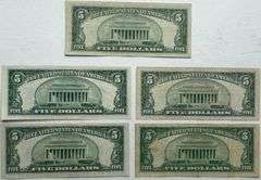 Five $5 1934 1934 D Silver Certificates.