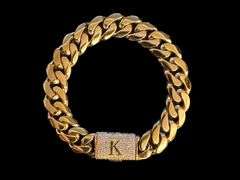 Sparkling 14 Kt Gold Plate 65.8 Gram Monogramed Initial "K" Curb Link Bracelet