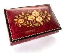 Music Box with Floral Inlay Design; Wine Red