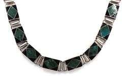 Vintage 925 Sterling Silver Art Deco Inlaid Malachite And Onyx Necklace