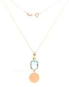 14kt Rose gold cushion blue topaz disc drop pendant on chain
