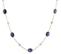 13.20ctw Oval Sapphire and 0.55ctw Diamond by the Yard Station Necklace in 14K