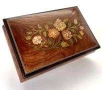 Music Box with Floral Inlay Design; Wood Tone