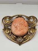 Art  Nouveau Coral Brooch with Elegant 14k Gold Weaved Leaves studded with Diamonds
