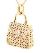 14kt Yellow gold diamond lattice purse pendant on chain necklace
