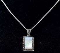 Mother of Pearl and Marcasite Gemstone Pendant necklace in Sterling Silver