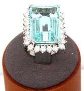 14kt White gold 22.93ct Emerald cut aquamarine and 1.75ctw diamond halo ring