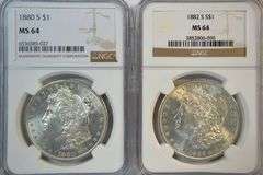 Blazing 1880-S & 1882-S Morgan Silver Dollars. NGC MS64's