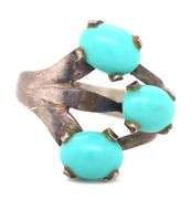 925 Sterling Silver Vintage Mexico stamp Three Turquoise Stone Rong