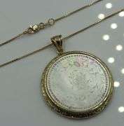 14kt Yellow gold Mother of pearl pendant in gold frame on box chain
