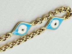 14KT Yello Gold Two Differtent Anemel Color Evil Eye With Rolo link Chain