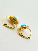925 Gold Tone Sterling Silver Turquoise Color Stone With Halo Rhinestones Earriungs