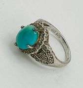 925 Ster;ling Silver Vintage Turquoise With Decorative Metalwork Ring