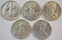 5 Diff. Nice lustrous 'P' Mint Walking Liberty Half Dollars 1936 to 1945