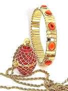 Red Guilloché Sterling Silver Egg Pendant & Bracelet Set with 24K Gold Accents