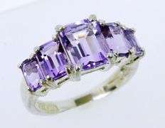 Sterling Ring of Emerald Cut Amethyst's, Size 5.75