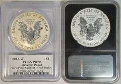 Two Perfect 2013-W Reverse Proof $1 Silver Eagles. NGC & PCGS PR70
