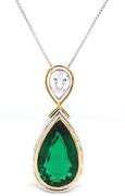 18kt White gold 2 tone Green and white CZ teardrop pendant on chain