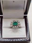 Antique Russian Emerald 18k White Gold Floral Ring with Diamonds