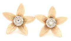 14kt Yellow gold two tone diamond accent flower earrings