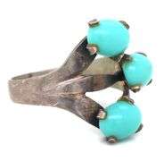 925 Sterling Silver Vintage Mexico stamp Three Turquoise Stone Rong