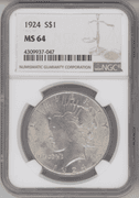 1924 Peace Silver Dollar NGC MS64 Near Gem BU | Brilliant Luster