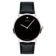 Movado Signature Men’s Watch – Silver Stainless Steel Case with Black Leather Strap