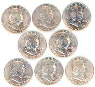 Run of 8 different AU to BU Franklin Half Dollars 1948 to 1955