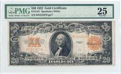 1922 $20 Gold Certificate – Speed White – FR#1187 – Very Fine 25