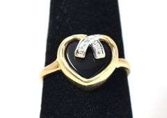 Delightful 10K Yellow Gold Black Onyx Heart Ring with Diamond Accents