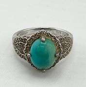 925 Ster;ling Silver Vintage Turquoise With Decorative Metalwork Ring