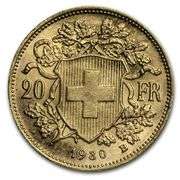 Superb Gem BU 1930 Swiss 20 Francs Gold Piece