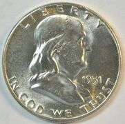 Frosty-white solid Gem BU 1951 Franklin Half Dollar with Full Bell Lines (FBL)