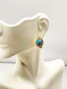 925 Gold Tone Sterling Silver Turquoise Color Stone With Halo Rhinestones Earriungs