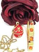 Imperial Egg Crystal Necklace & Ruby Bracelet Set – 24K Gold Handset Locket