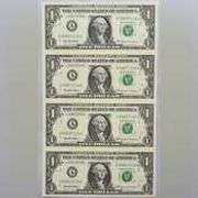 Sheet of 4 Uncut 1999 $1 Fed Reserve Notes.
