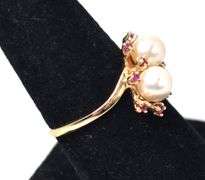 Stunning 14K Yellow Gold Pearl and Ruby Gemstone Ring