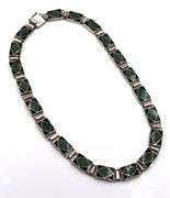 Vintage 925 Sterling Silver Art Deco Inlaid Malachite And Onyx Necklace