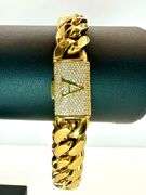 Sparkling 14 Kt Gold Plate 67.5 Gram Monogramed Initial "A" Curb Link Bracelet