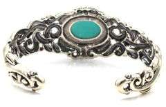 925 Sterling Silver Ornate Beatiful Filigree With Large Oval Turquoise Center Cuff Bracelet