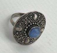 925 Sterling Silver Vintage Etruscan Revival Design Blue Opal Ring