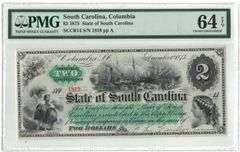 1873 $2 State of Carolina – SCCR14 – S/N 1819 – PMG Choice Uncirculated 64 – Rare Note