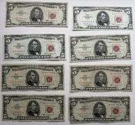 Eight $5 1963 Red Seal US Notes Including a Star
