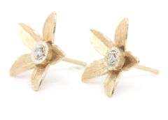 14kt Yellow gold two tone diamond accent flower earrings