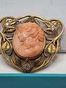Art  Nouveau Coral Brooch with Elegant 14k Gold Weaved Leaves studded with Diamonds