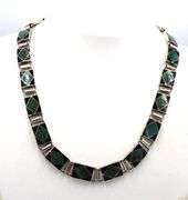 Vintage 925 Sterling Silver Art Deco Inlaid Malachite And Onyx Necklace