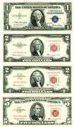 4 Crisp AU STAR Notes: 1935-E $1, 1953-C & 1963-A $2 Reds, and 1963 $5 Red