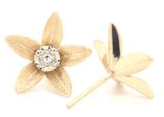 14kt Yellow gold two tone diamond accent flower earrings