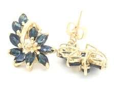 14kt Yellow gold marquise blue sapphire and diamond accent flower leaf stud earrings