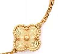 18KT Yellow Gold Handcrafted Guilloche Gold Five Clover with Link Chain Bracelet